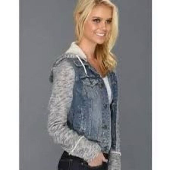 Free People Distressed Denim Jean Jacket Sz XS   Knit Sleeves Removable Hoodie - Picture 1 of 12